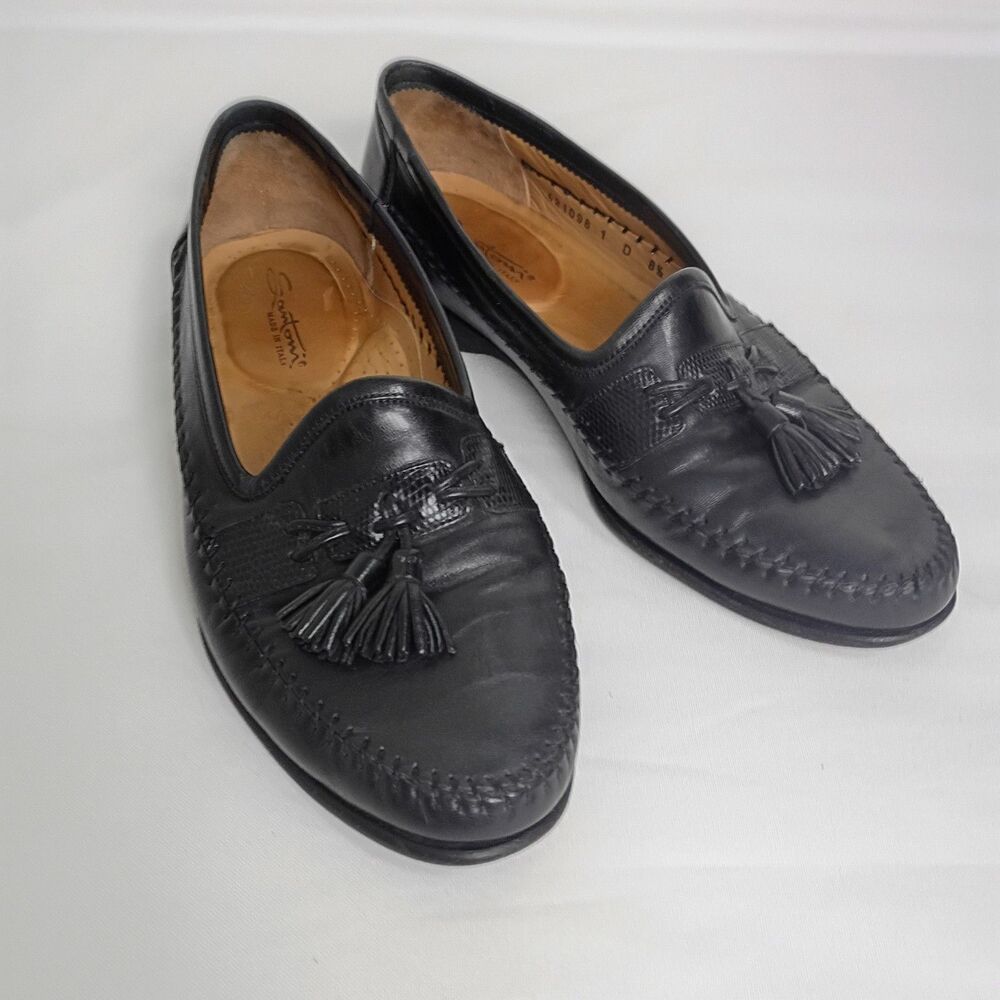 Santoni Italy Men's Size 8.5 Shoes Black Leather Moc Toe Comfort Tassel Loafers